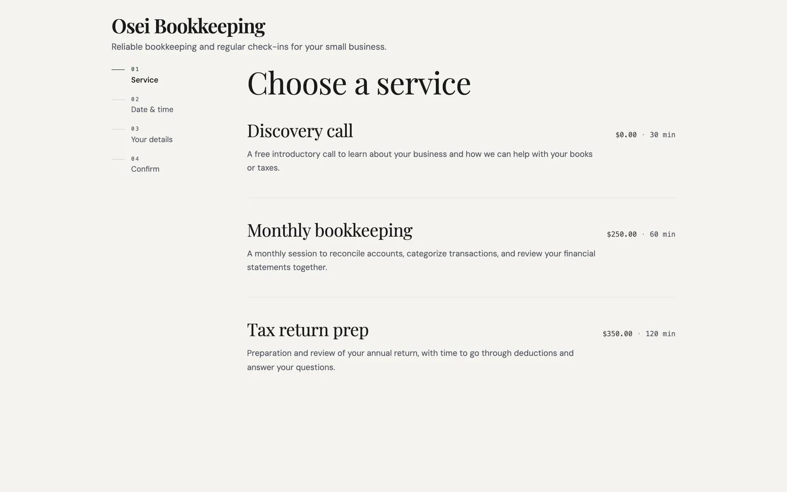 Osei Bookkeeping booking page with services, durations, and prices