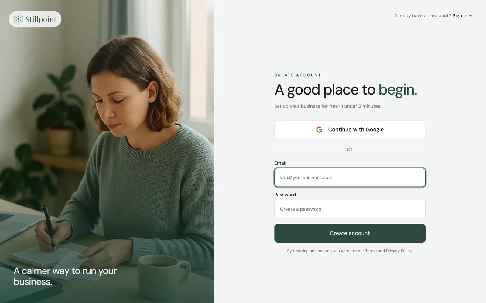 Stillpoint account signup for a bookkeeping business