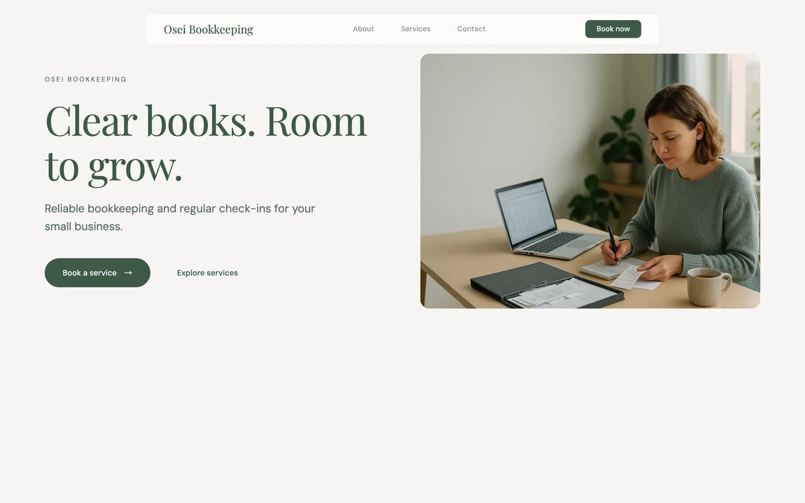 Osei Bookkeeping sample website with relevant imagery and online booking