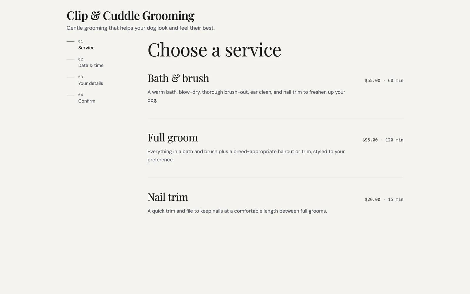 Clip & Cuddle Grooming booking page with services, durations, and prices