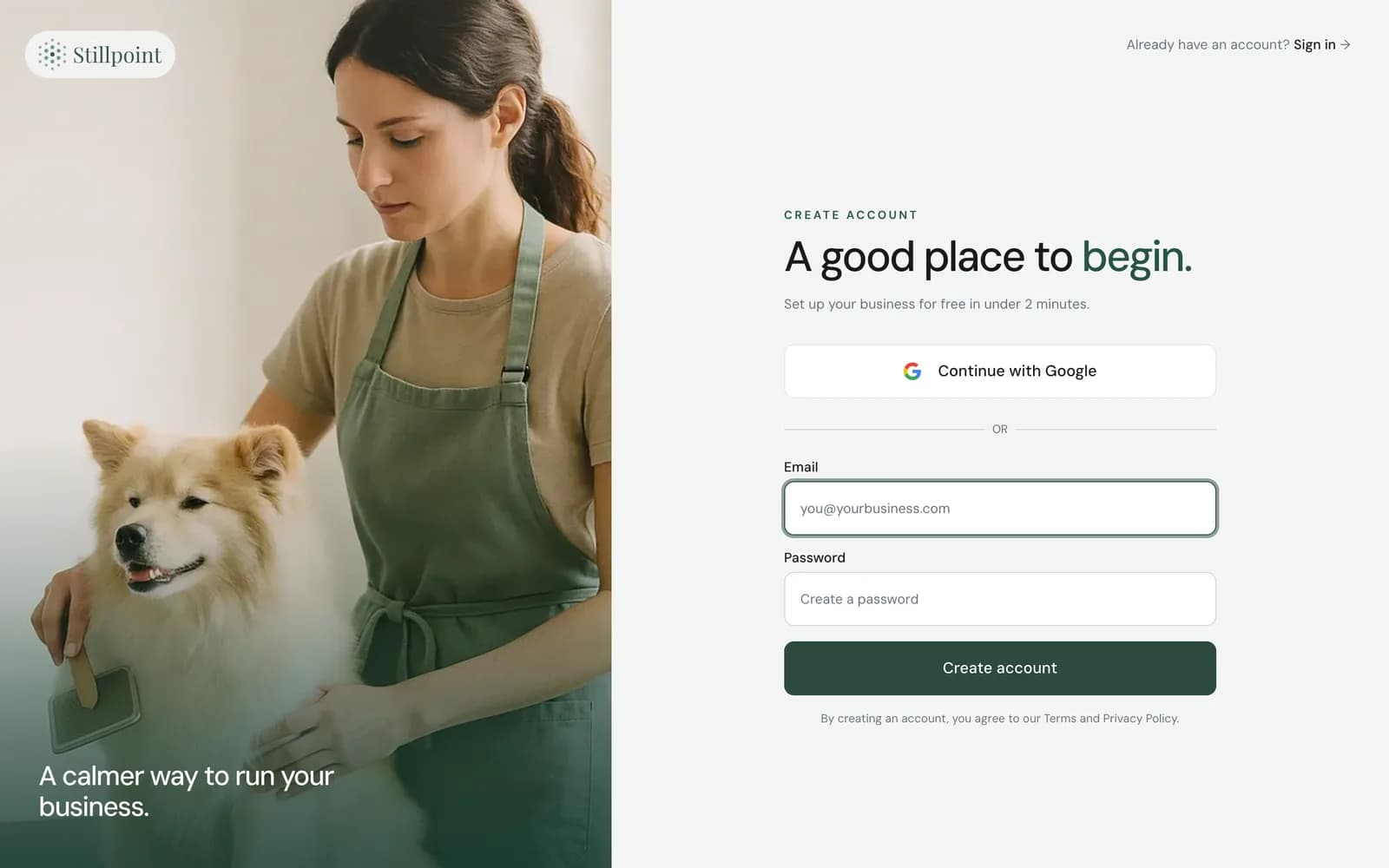 Stillpoint account signup for a dog grooming business