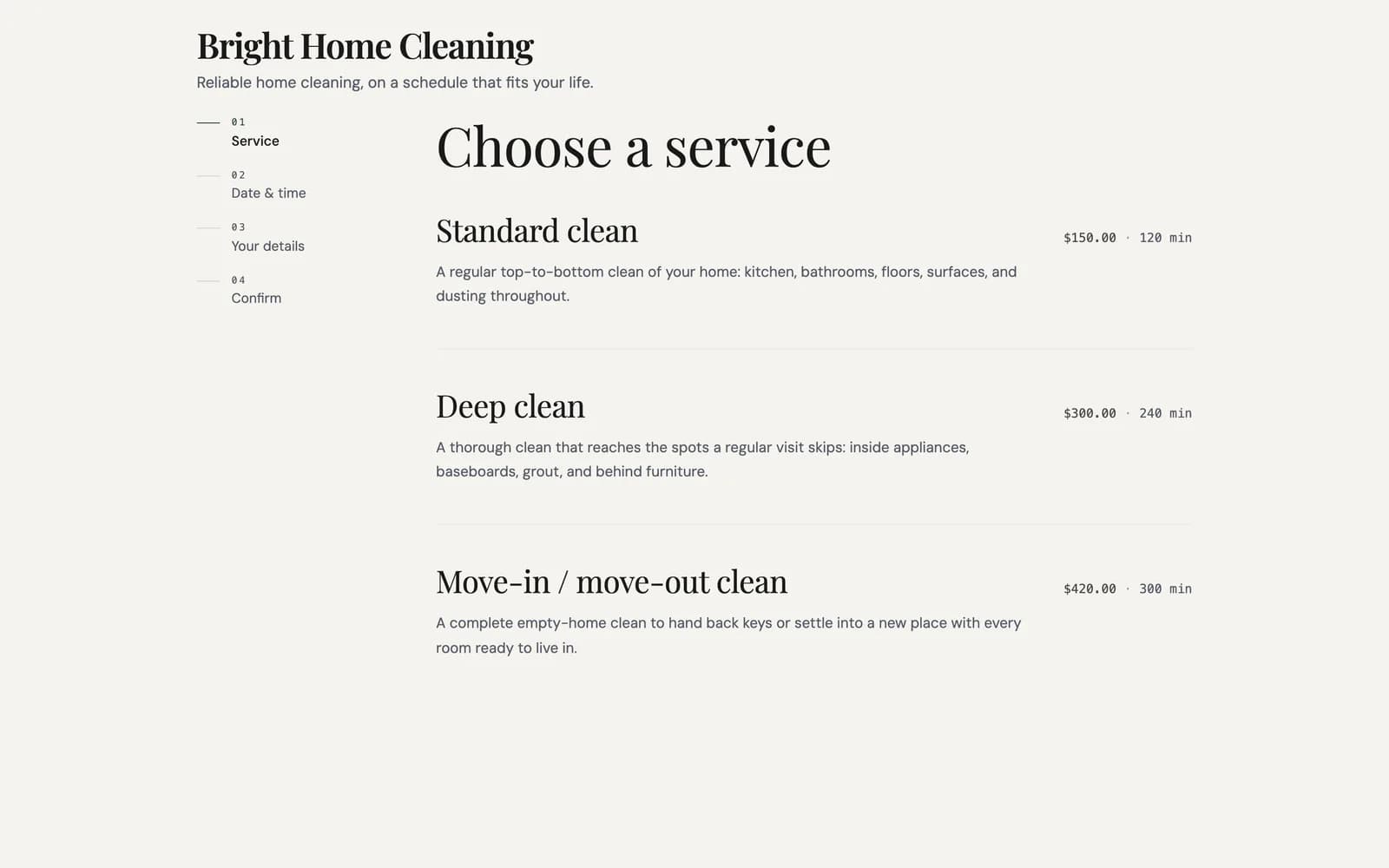 Bright Home Cleaning booking page with services, durations, and prices