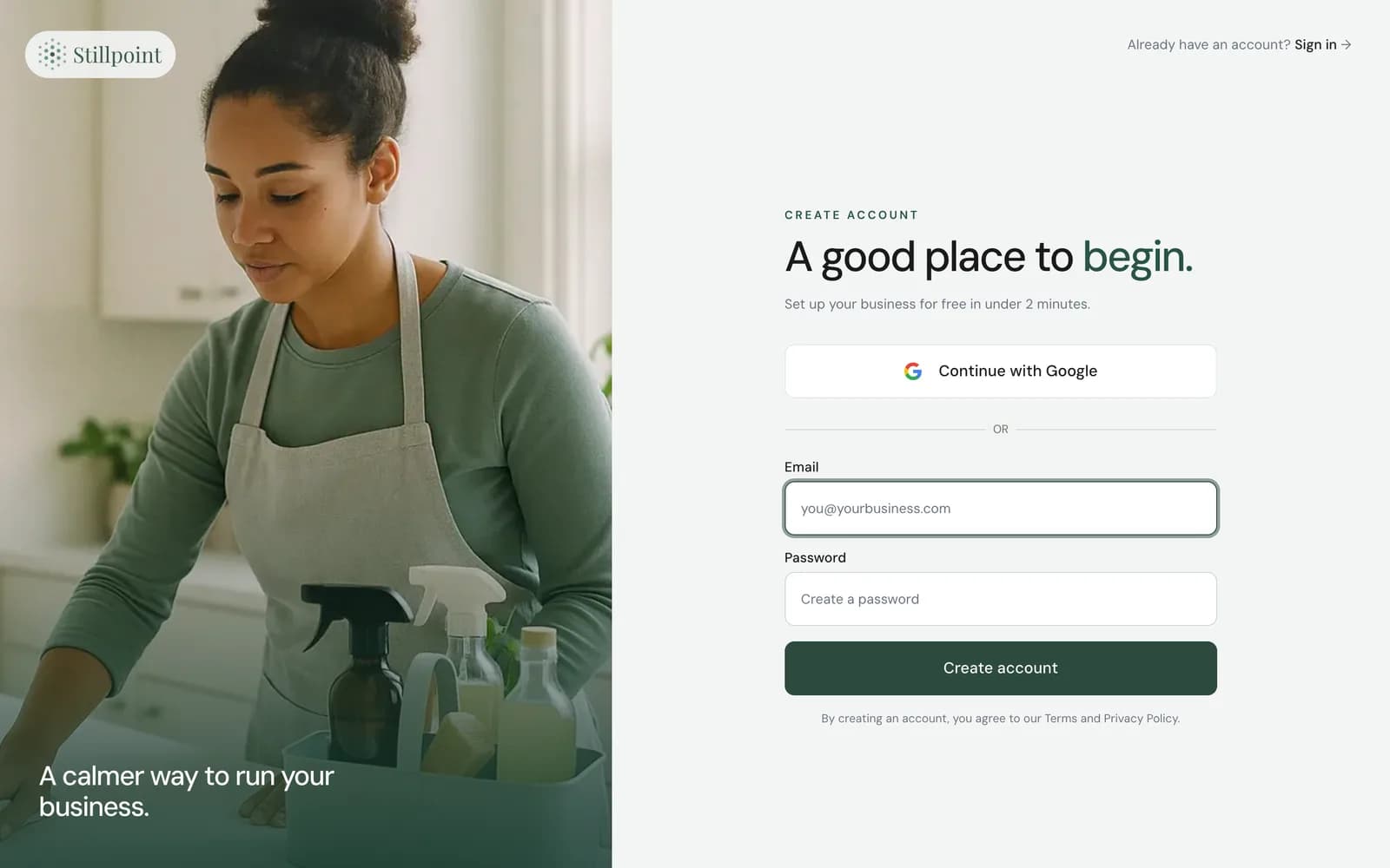Stillpoint account signup for a house cleaning business