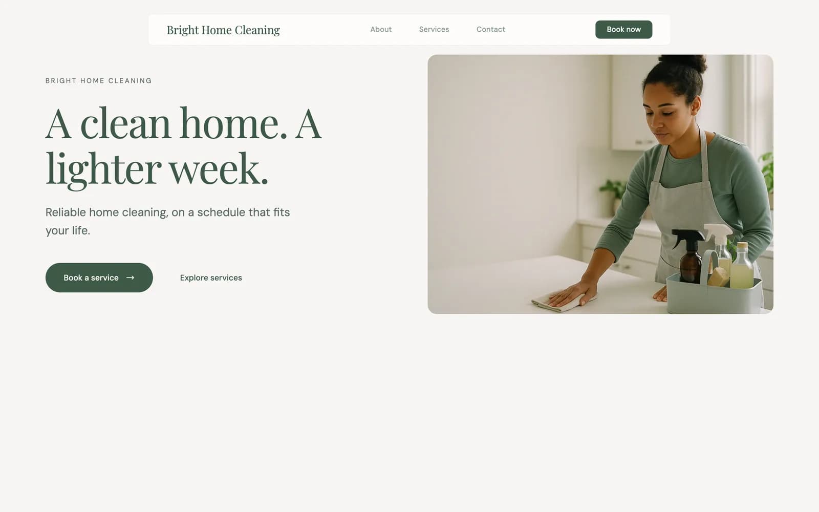 Bright Home Cleaning sample website with relevant imagery and online booking