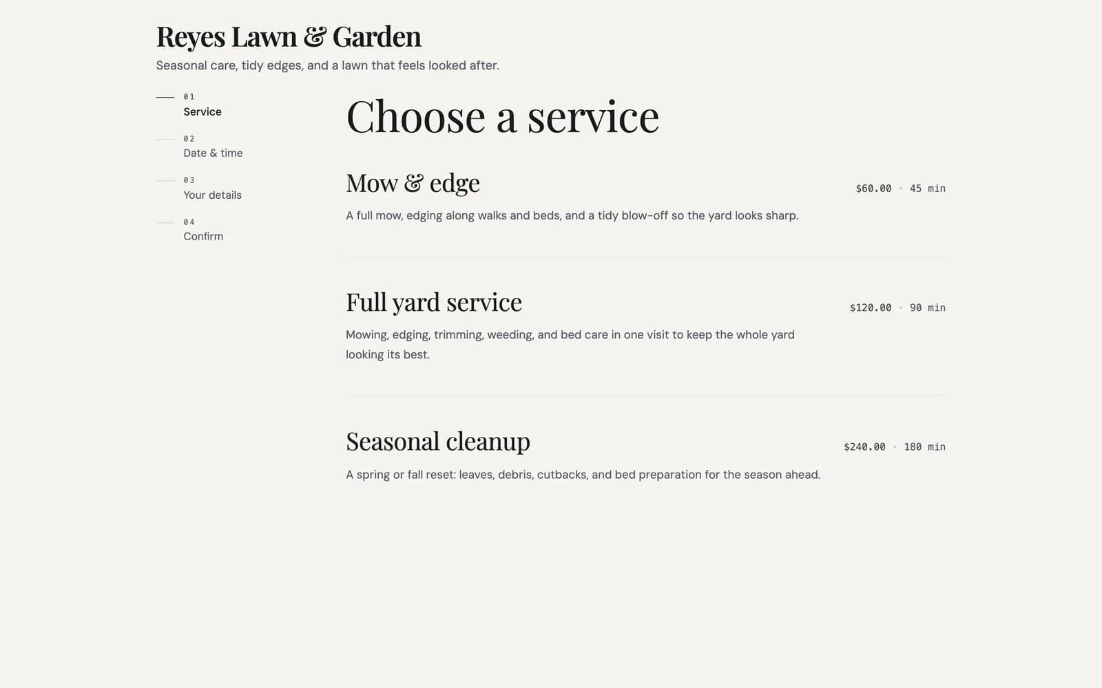 Reyes Lawn & Garden booking page with services, durations, and prices