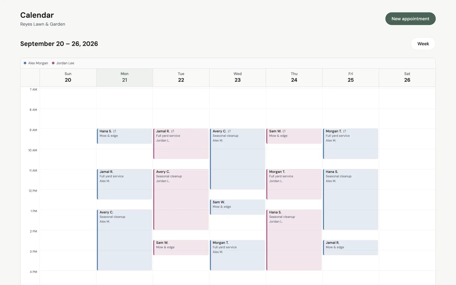 Reyes Lawn & Garden weekly calendar with appointments for its services