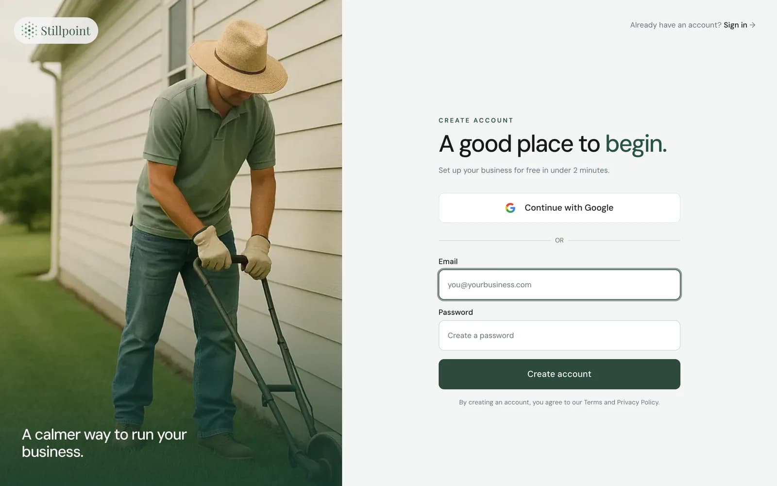 Stillpoint account signup for a lawn care business
