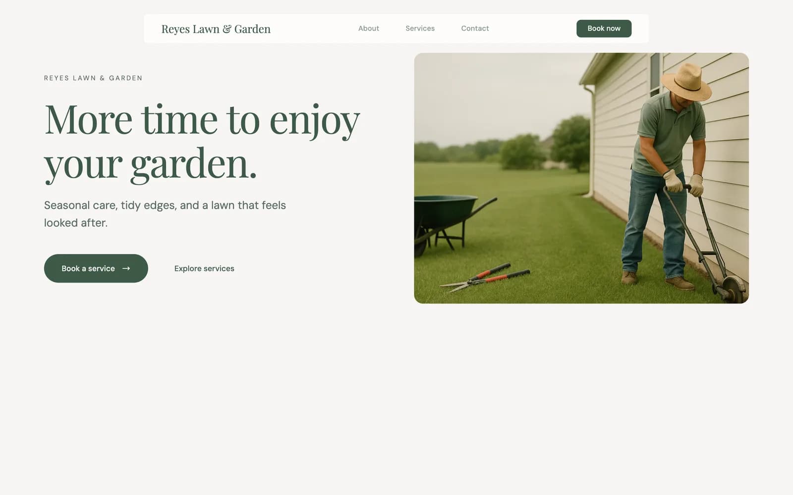 Reyes Lawn & Garden sample website with relevant imagery and online booking