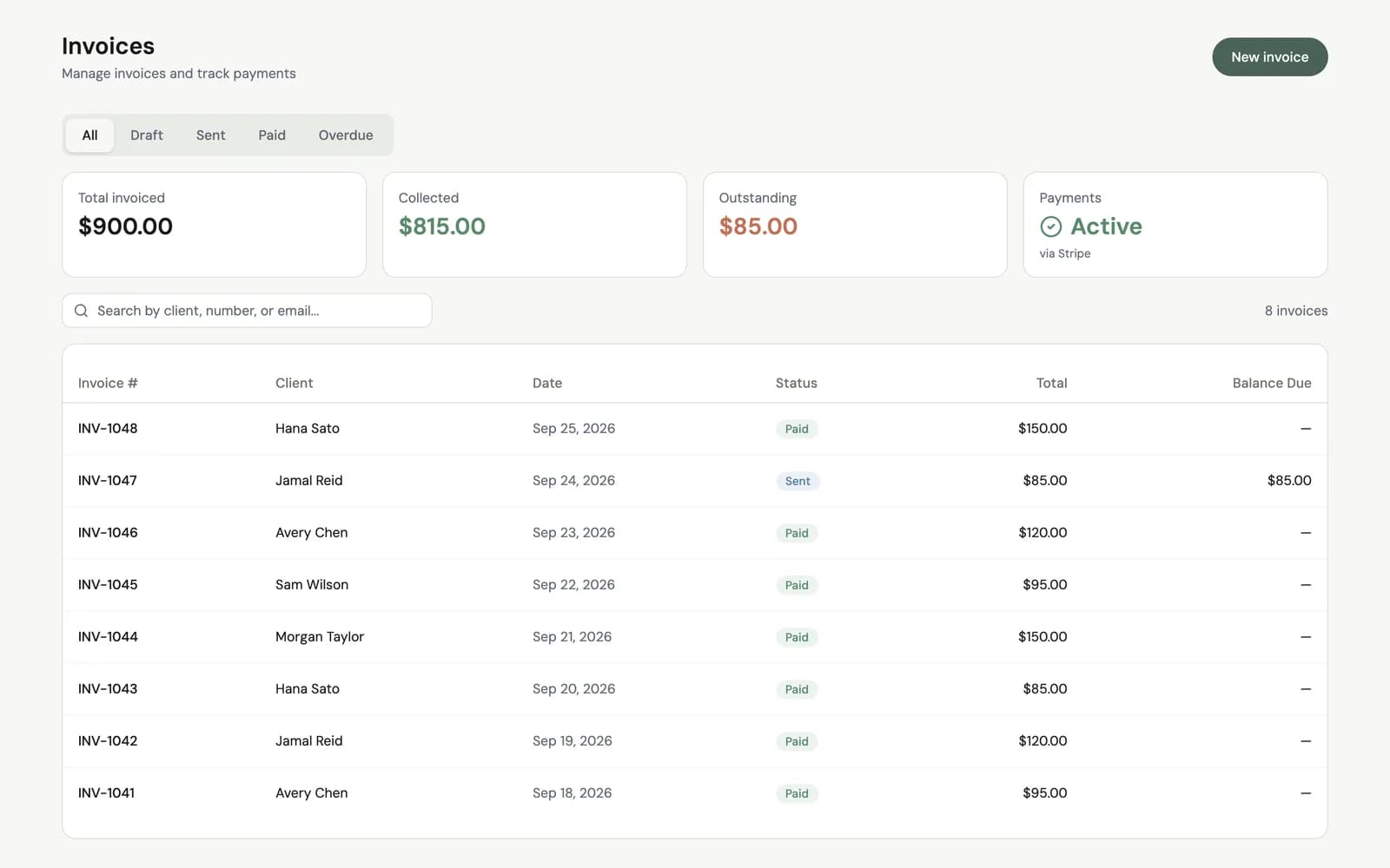 Service-business invoices with paid and outstanding balances
