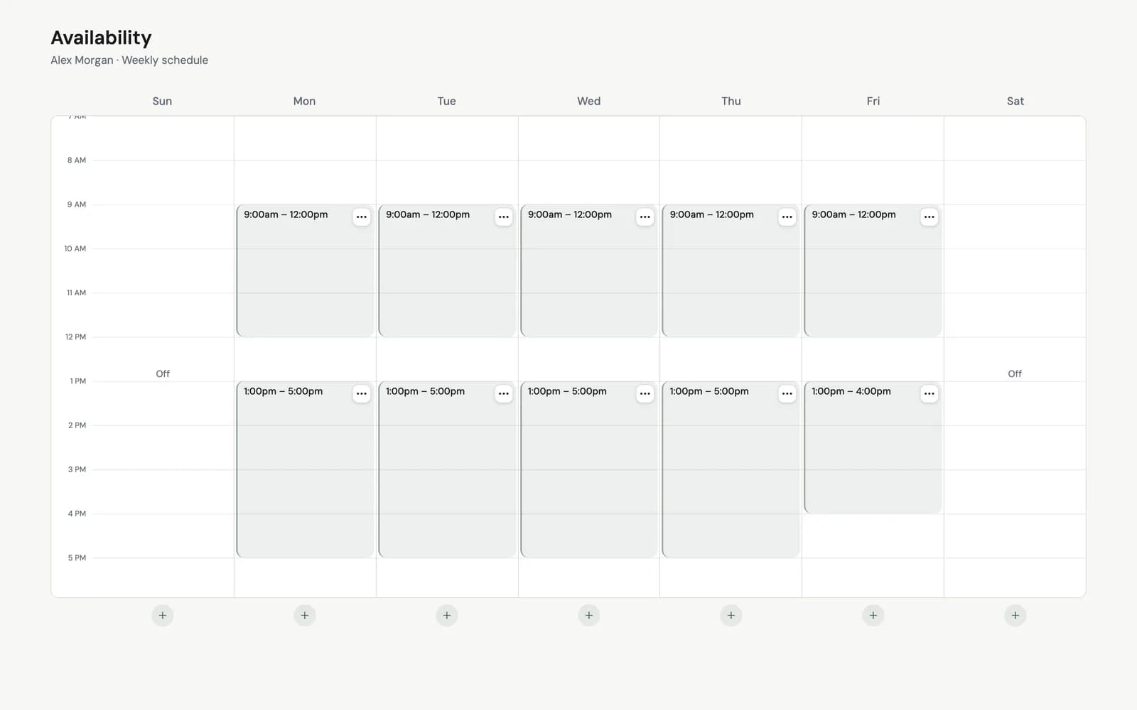 A team member's weekly availability with morning and afternoon hours