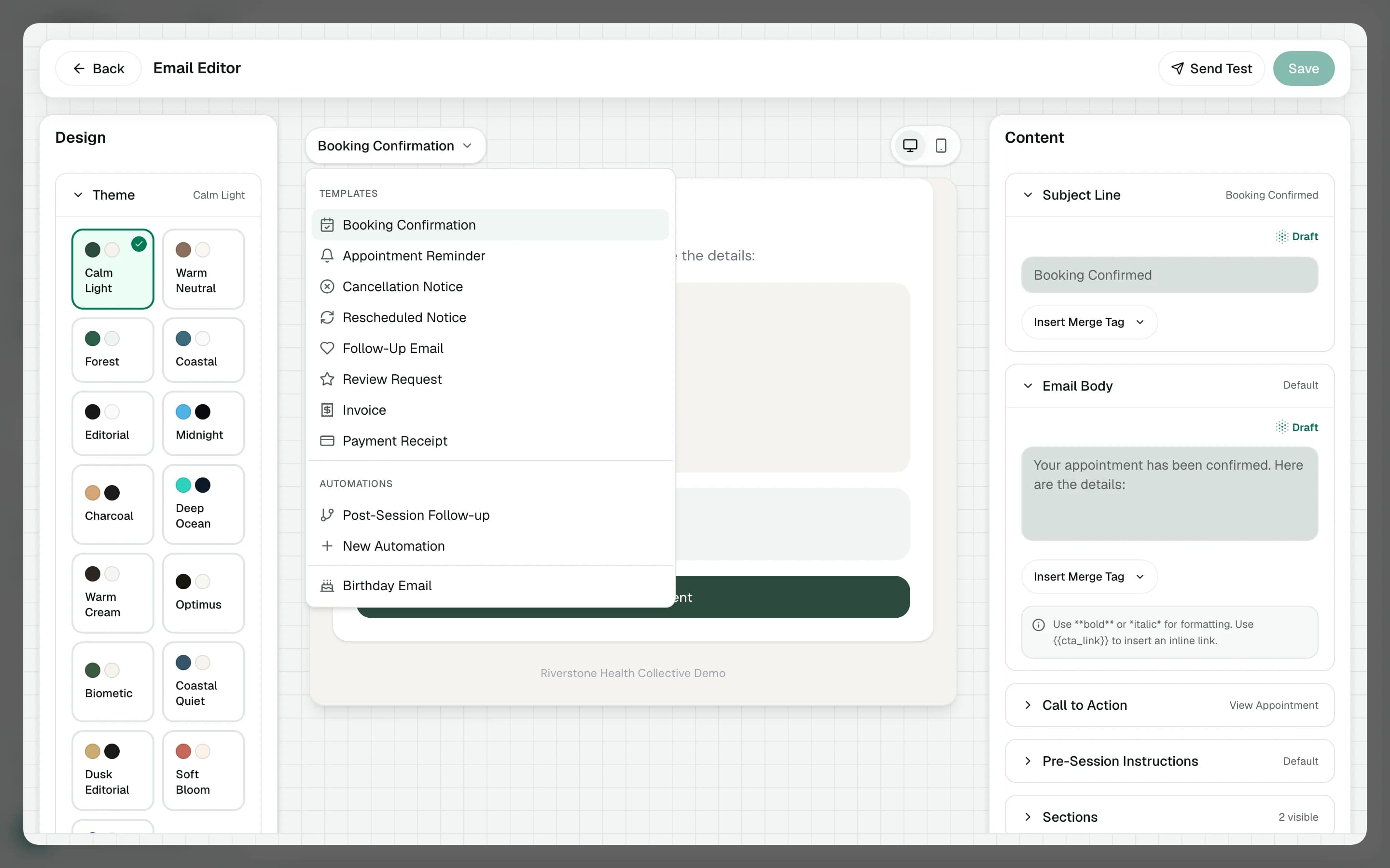 The email editor's template menu: booking, reminder, cancellation, follow-up, review and invoice emails, then automations such as Post-Session Follow-up and Birthday Email