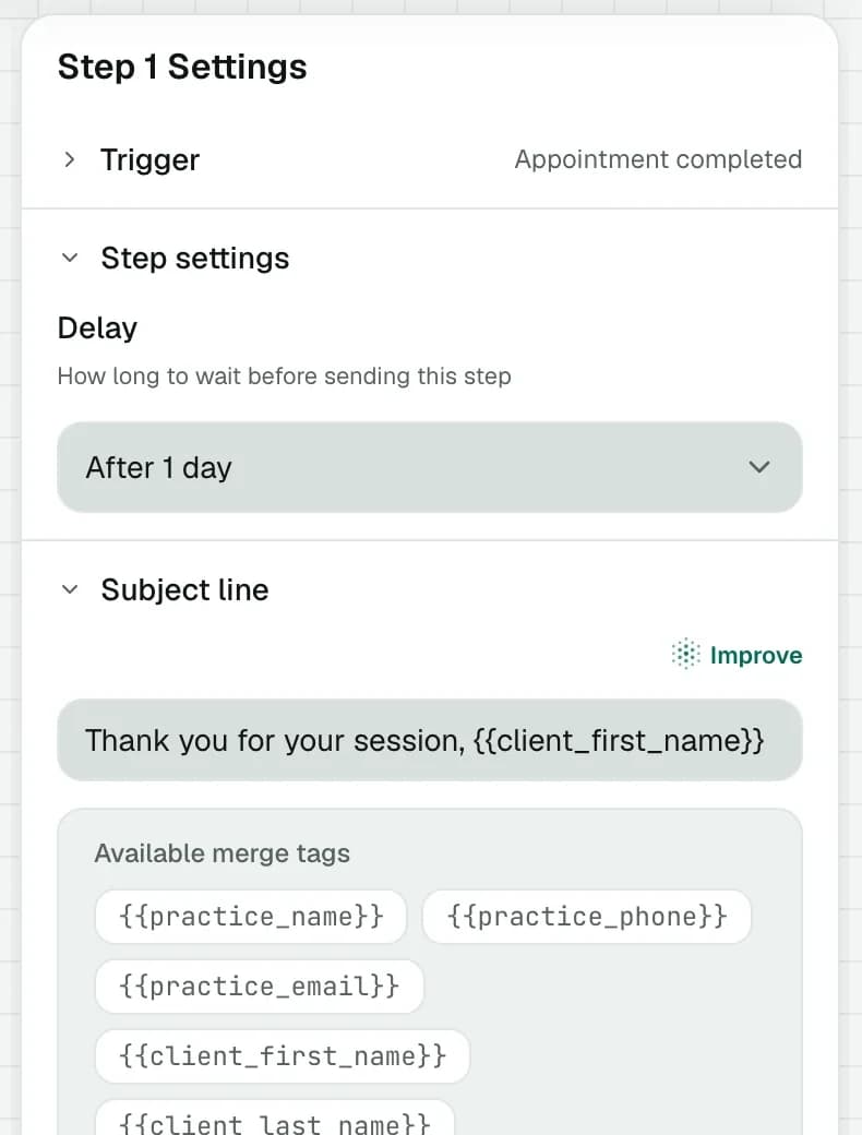 Step settings: the trigger, appointment completed, a delay of one day, and the subject line with merge tags