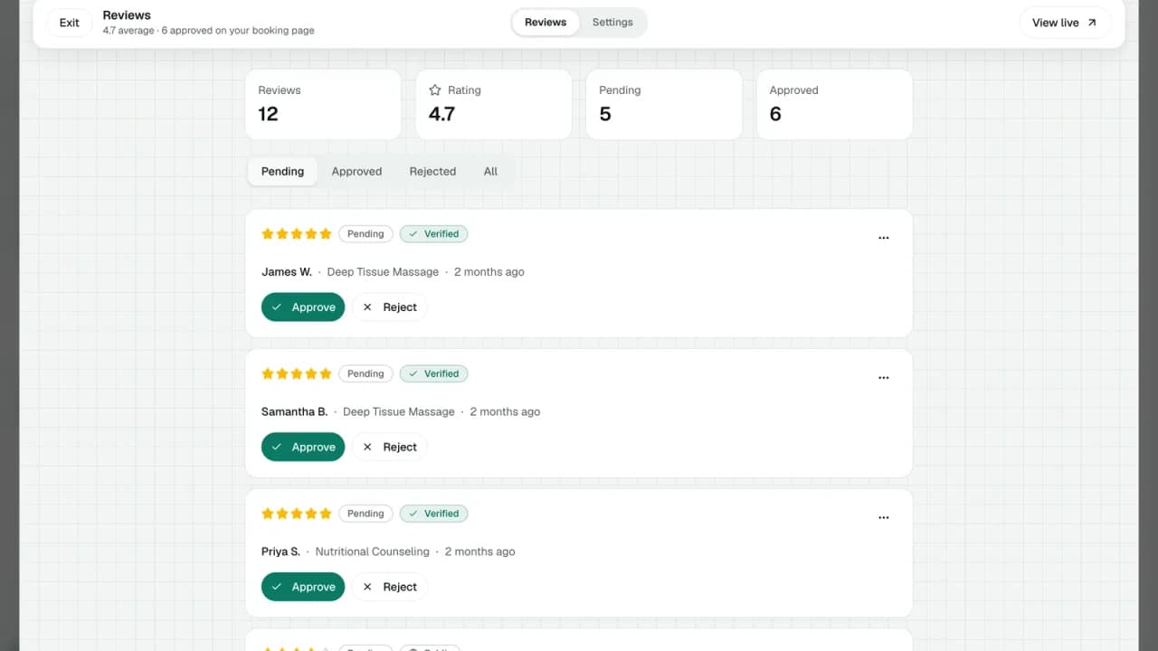 Reviews: the count, average rating, pending and approved totals, and each pending review with Approve and Reject