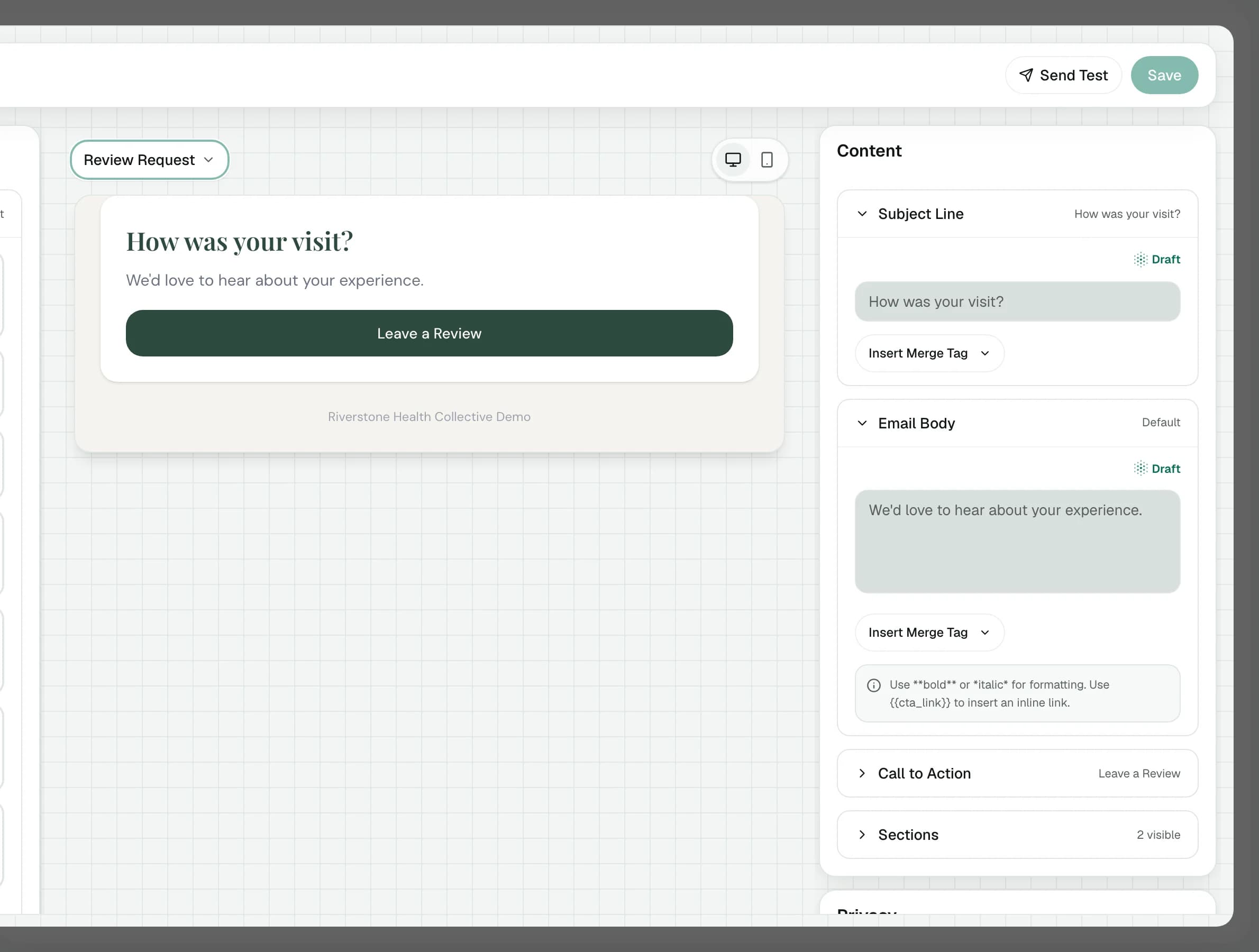 The email editor showing the Review Request email: How was your visit?, with a Leave a Review button