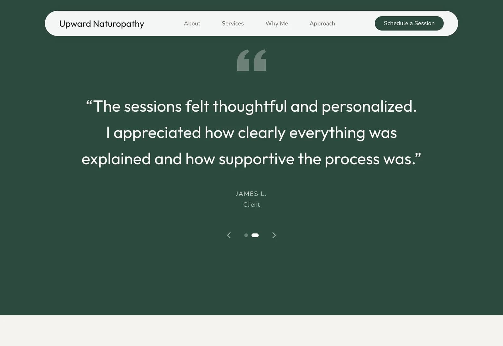 A client's review quoted on a practice website, with its author's name