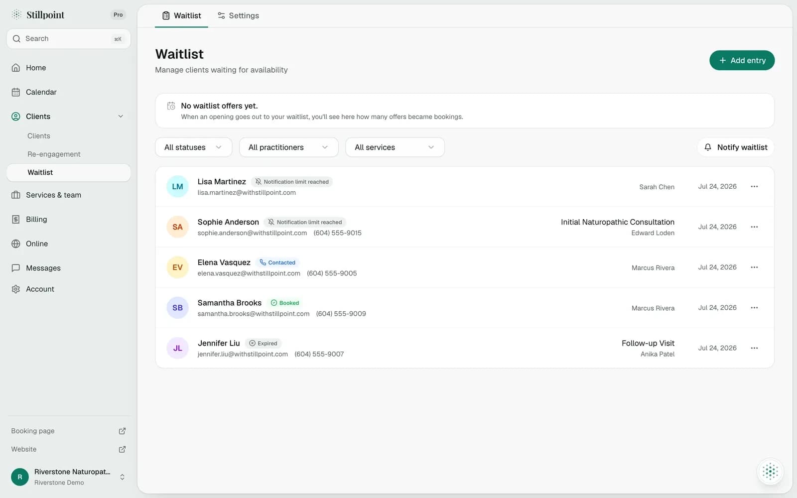 The Waitlist page: every waiting client with the practitioner and service they want, and whether they were contacted, booked, or their offer expired