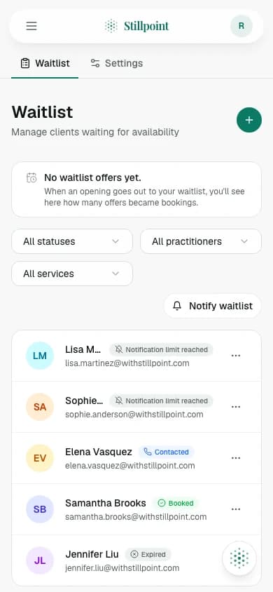 The Waitlist on a phone: each waiting client with their practitioner, service and status, such as Contacted, Booked or Expired