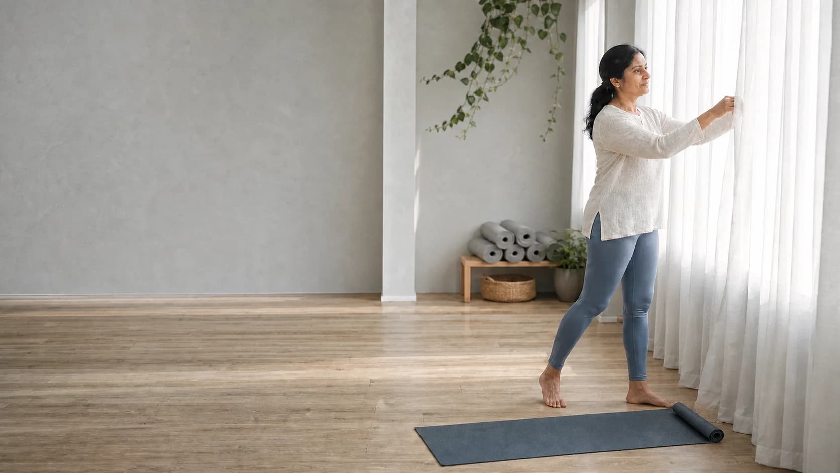 Illustration of a yoga instructor guiding a seated student outdoors