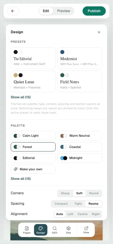 Current website design panel with templates, palettes, and spacing controls