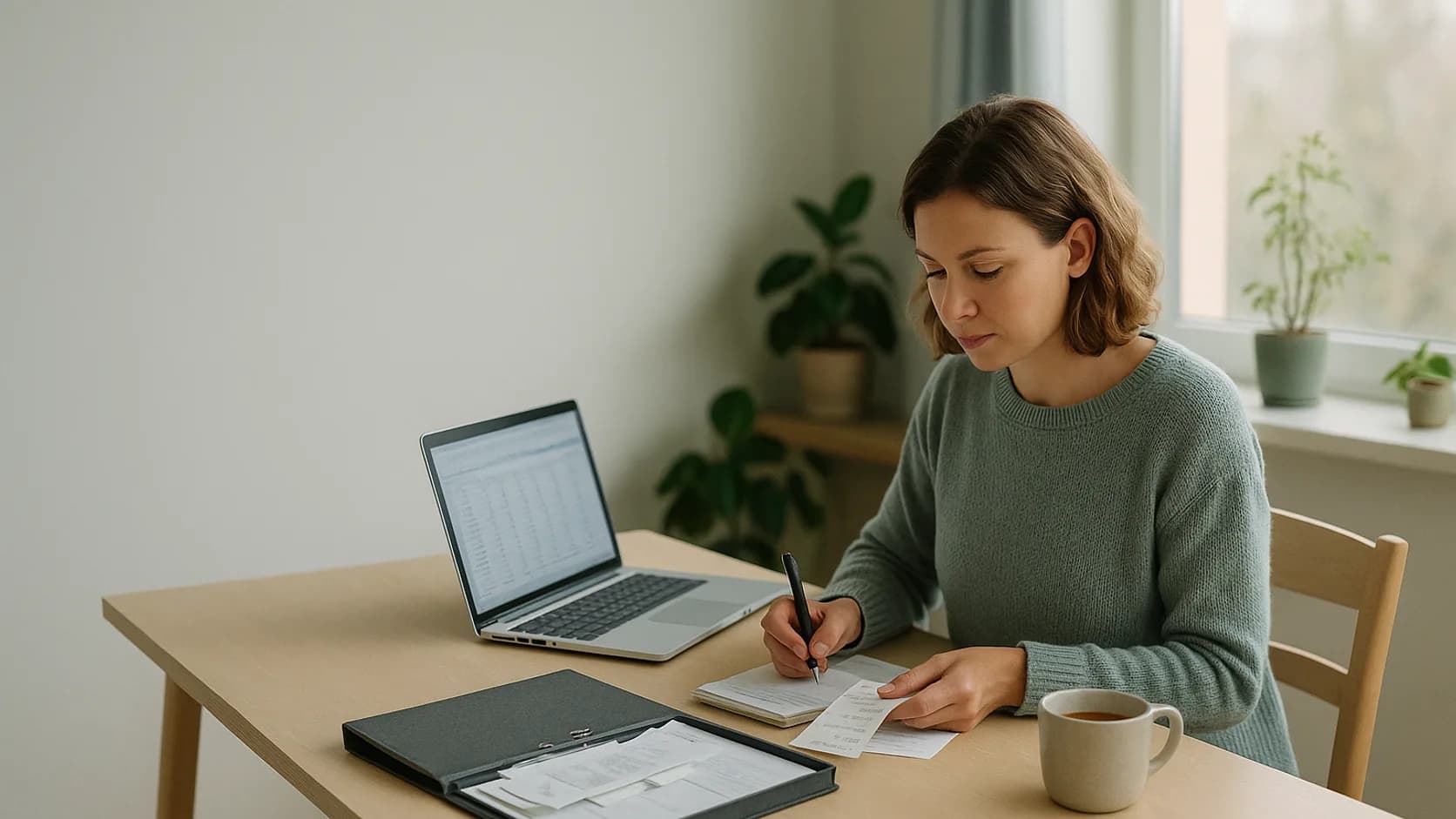 A bookkeeper working at a tidy desk in a bright home office