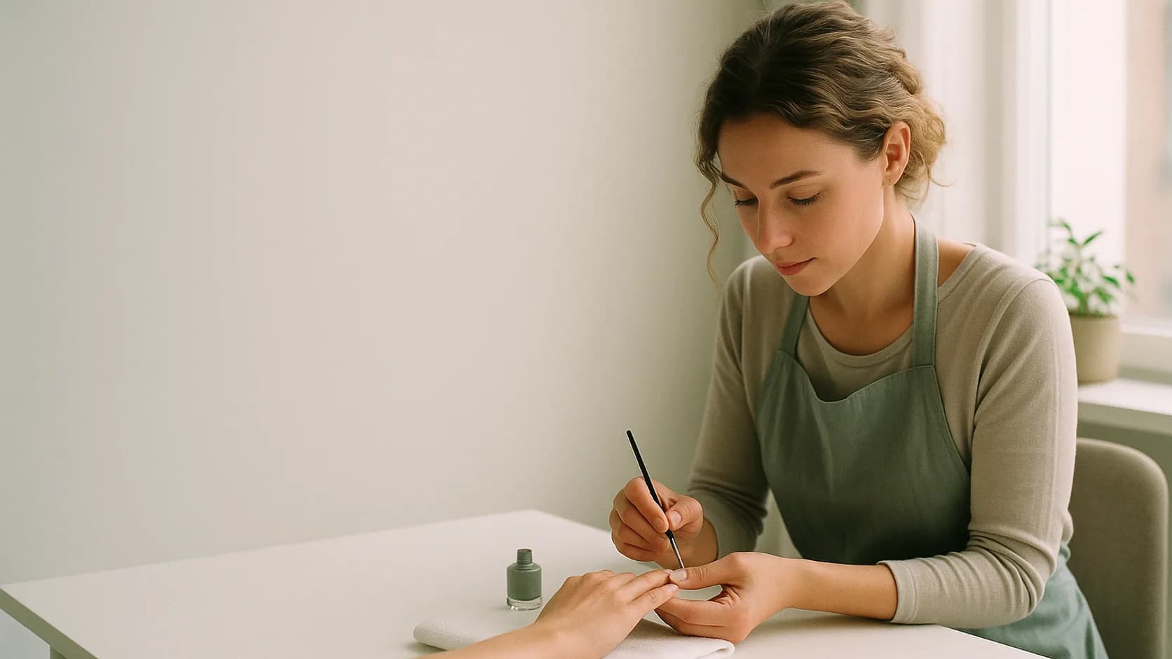 A nail technician carefully painting a client's nails at a clean white table