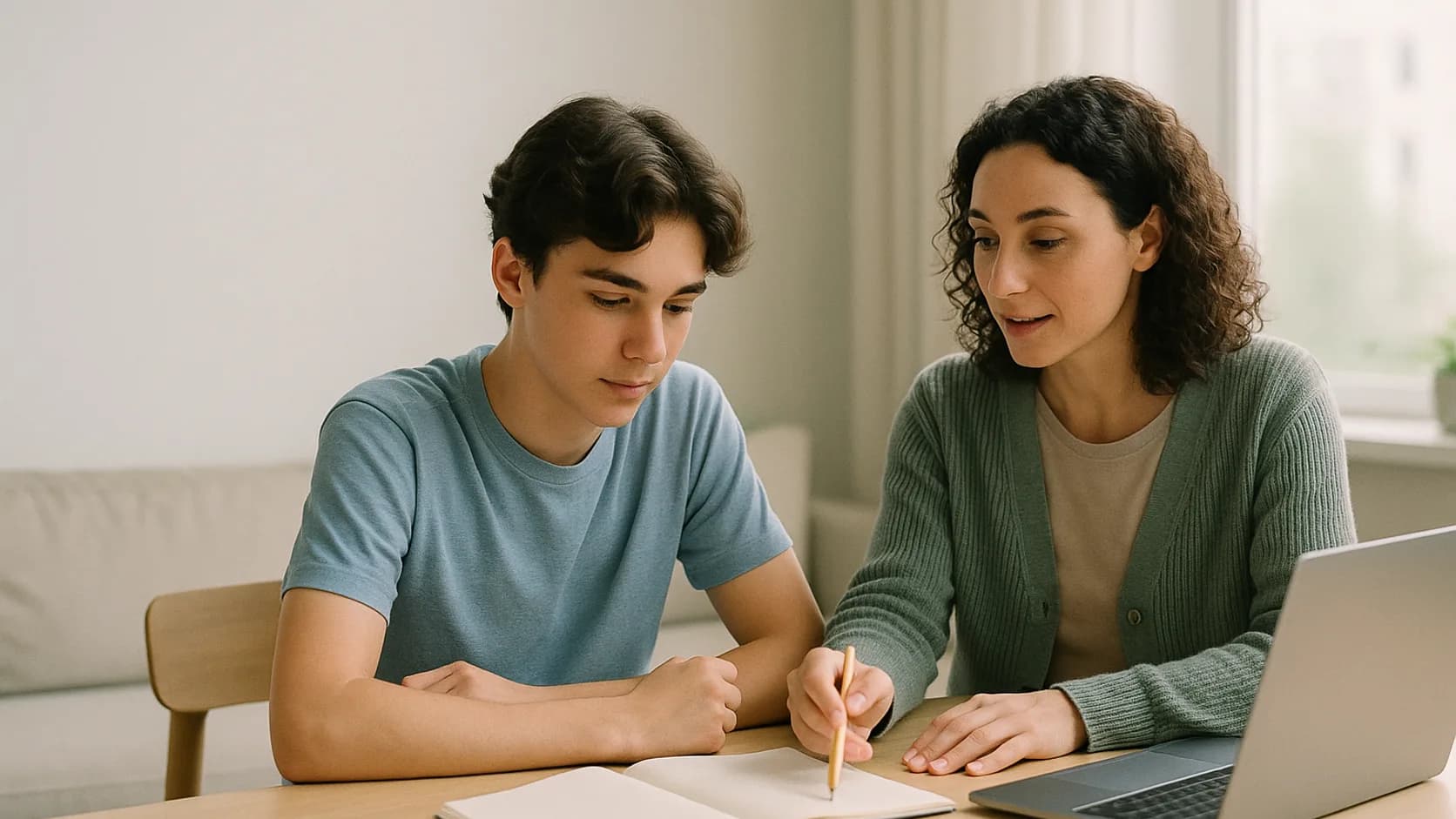 A tutor sitting beside a student at a light wooden table, explaining a problem