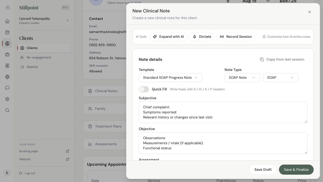 Stillpoint clinical note editor with Clio's dictate and expand-with-AI tools open on a SOAP note