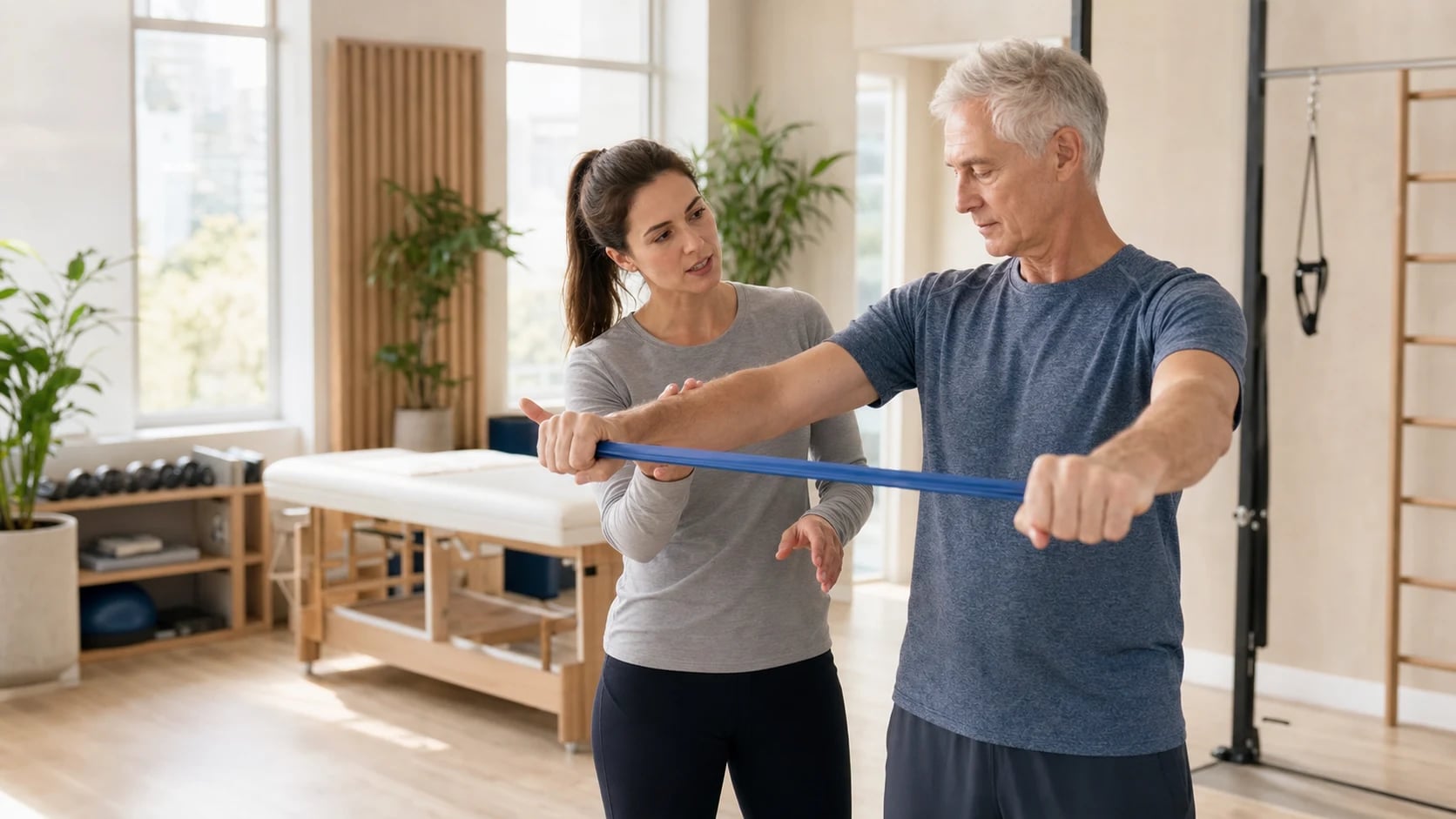 A physiotherapist guiding a client through a supported movement exercise