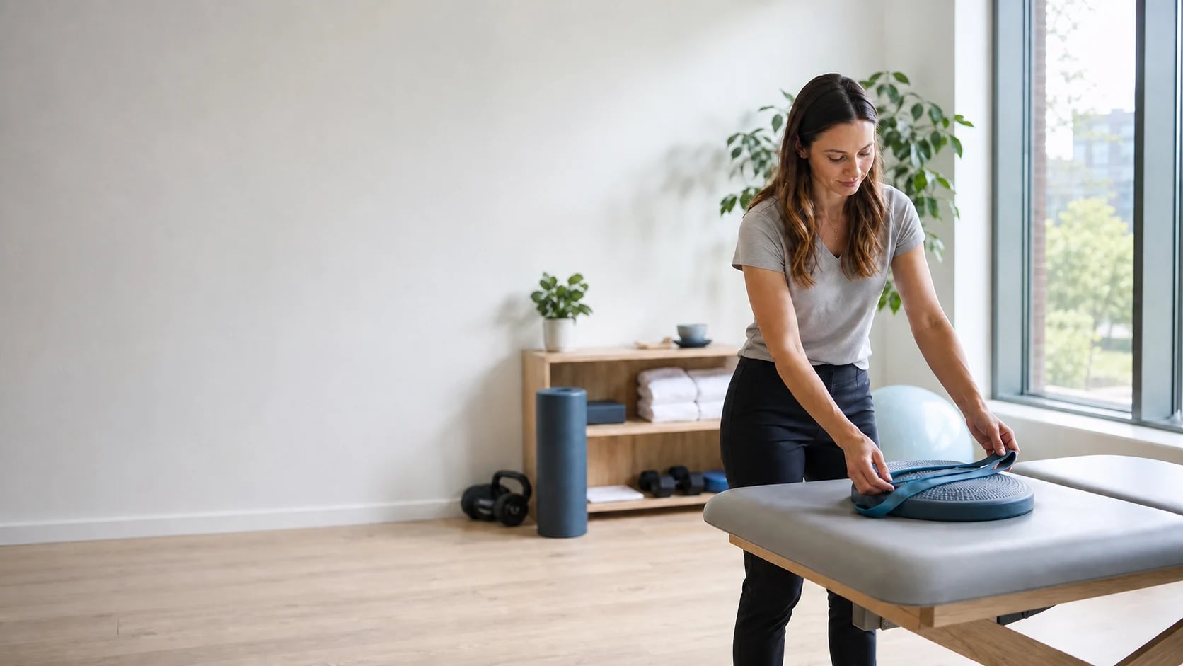 A physiotherapist preparing a bright movement and rehabilitation space