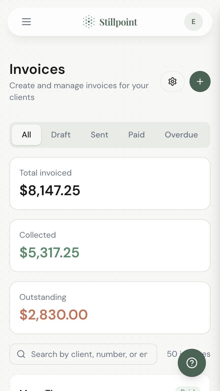 Invoice list showing paid, pending, and overdue invoices