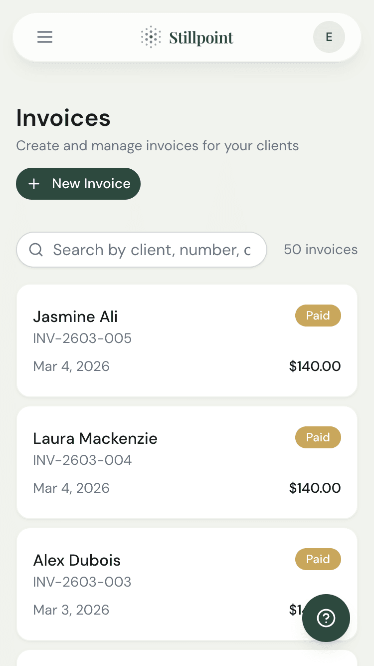 Invoice list showing paid, pending, and overdue invoices