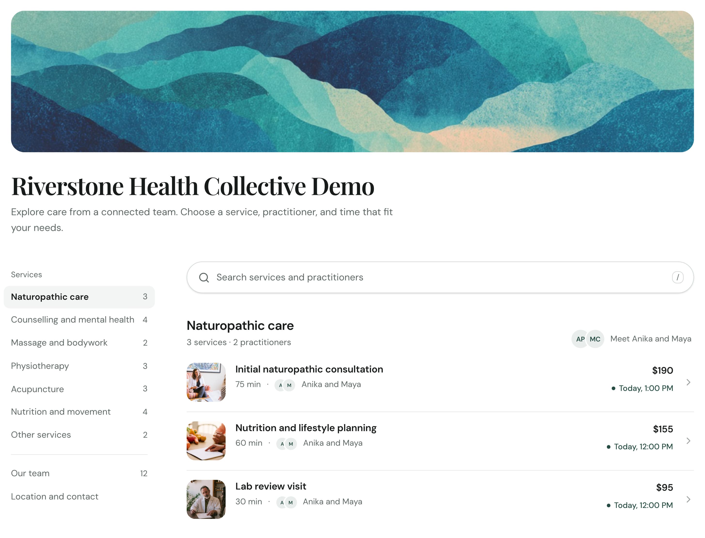Riverstone demo booking page with an image header, service categories, practitioners and next openings