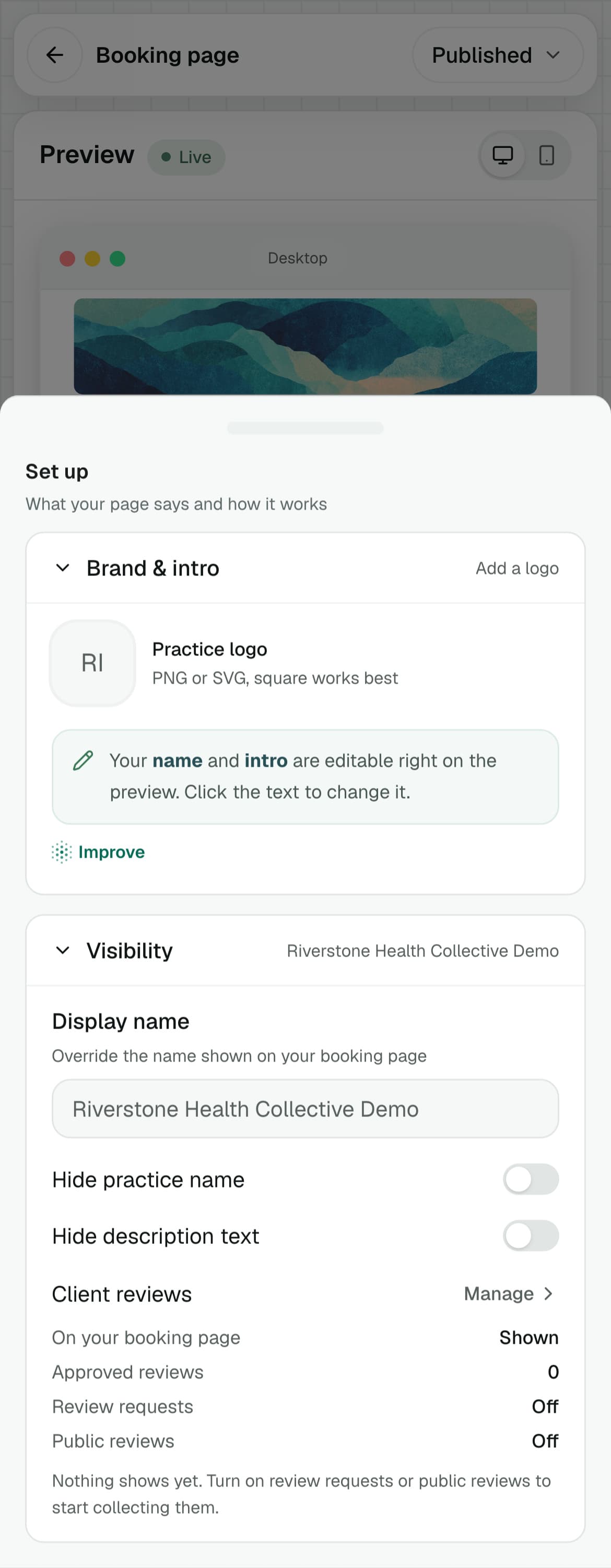 Mobile booking editor showing brand, introduction and visibility settings