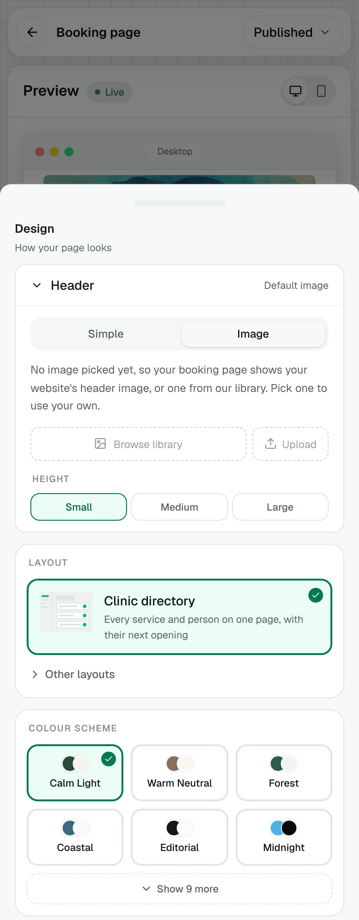 Mobile booking editor showing header, Clinic directory layout and palette controls