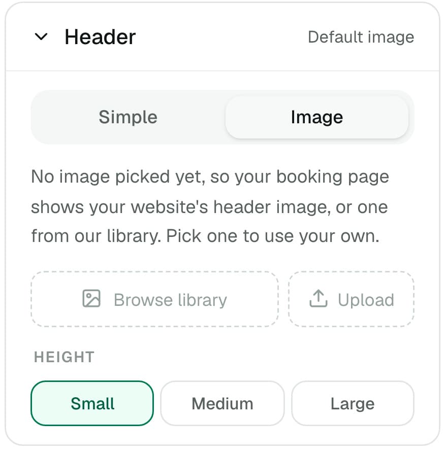 Booking header controls with Simple and Image options, image library, upload and height settings