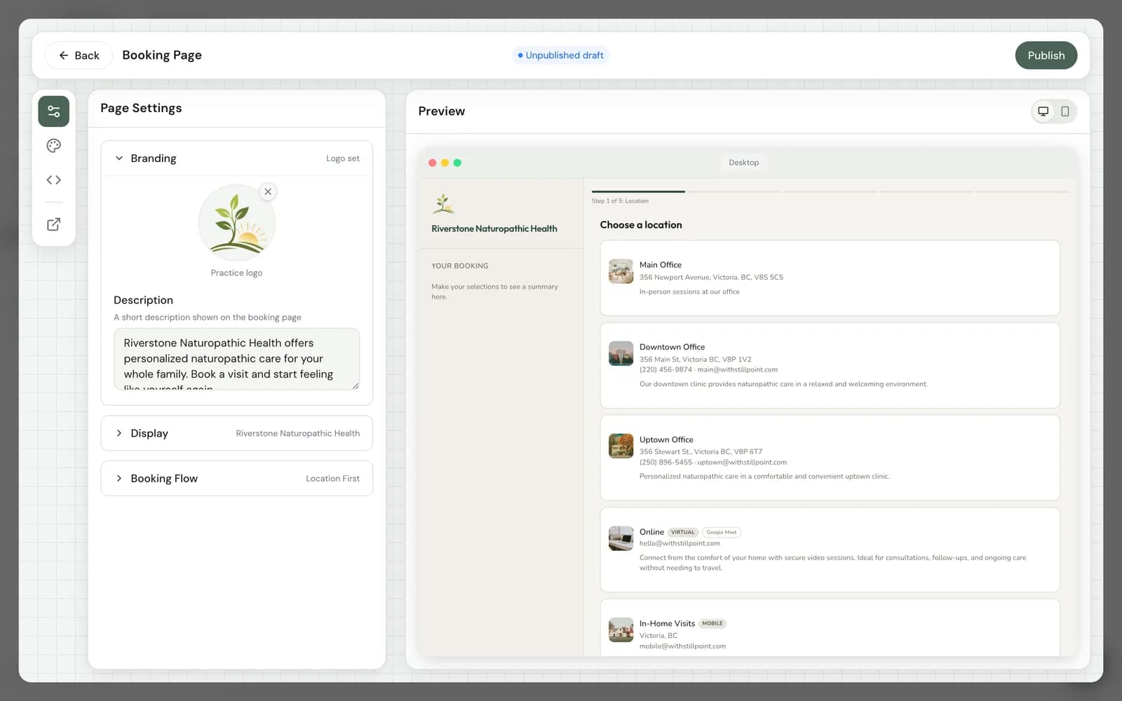 Booking page editor with layout selector and live Showcase preview