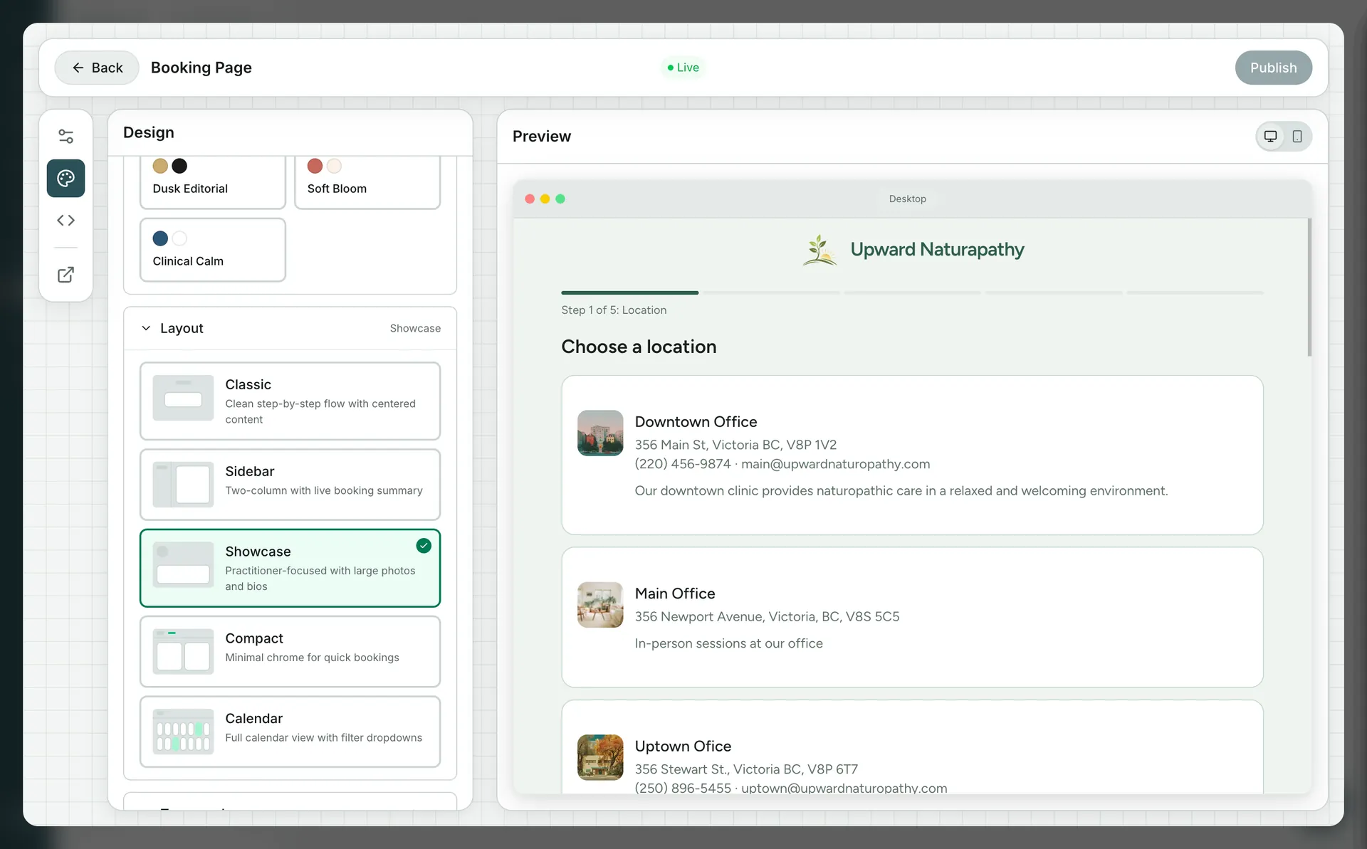 Booking page editor with layout selector and live Showcase preview