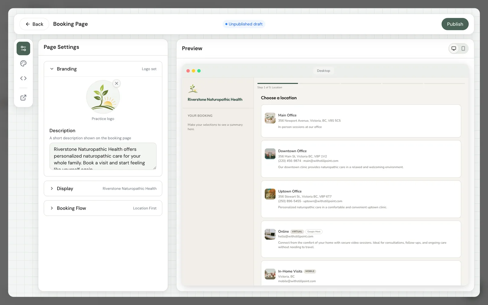 Booking page editor with layout selector and live Showcase preview