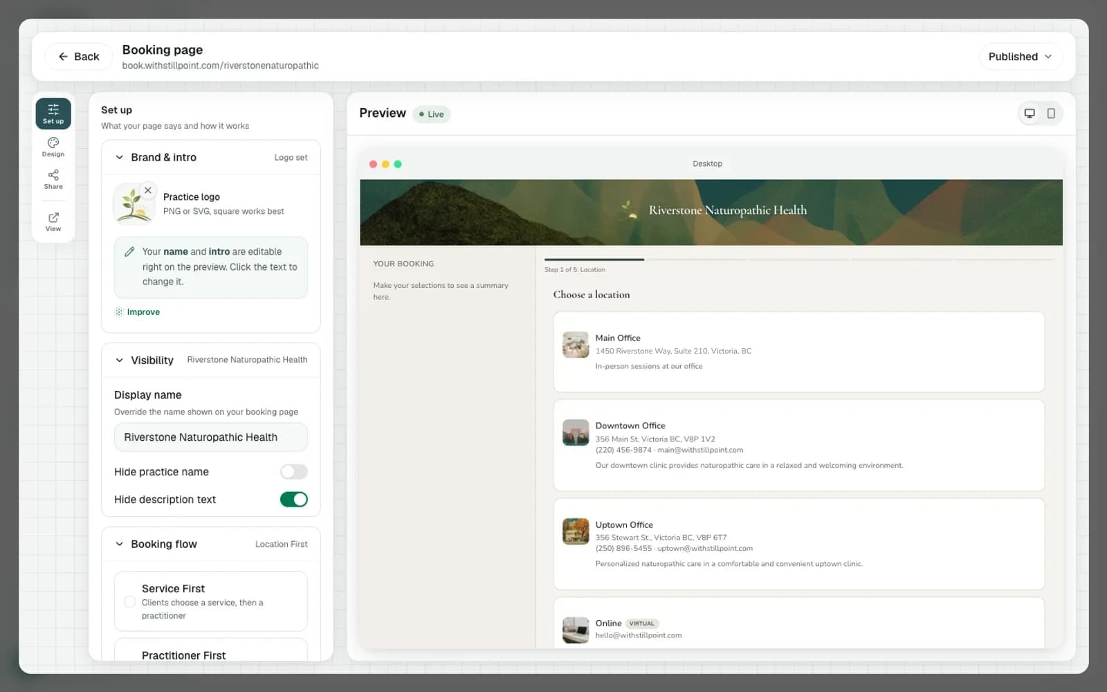 Stillpoint booking page editor beside a client booking preview