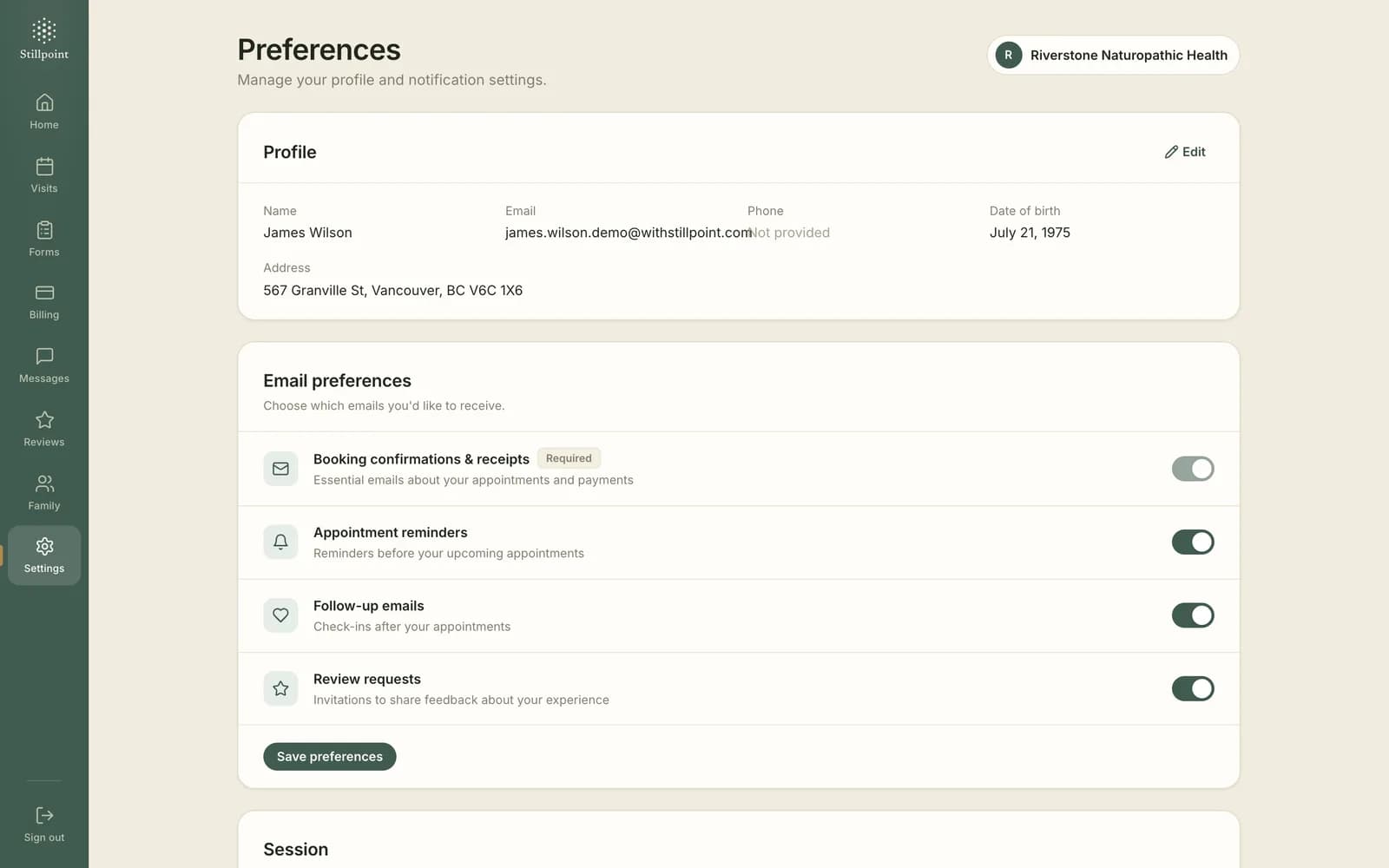 Stillpoint client portal screen