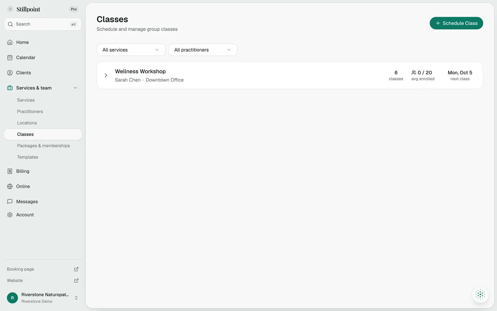 Stillpoint group class scheduling screen