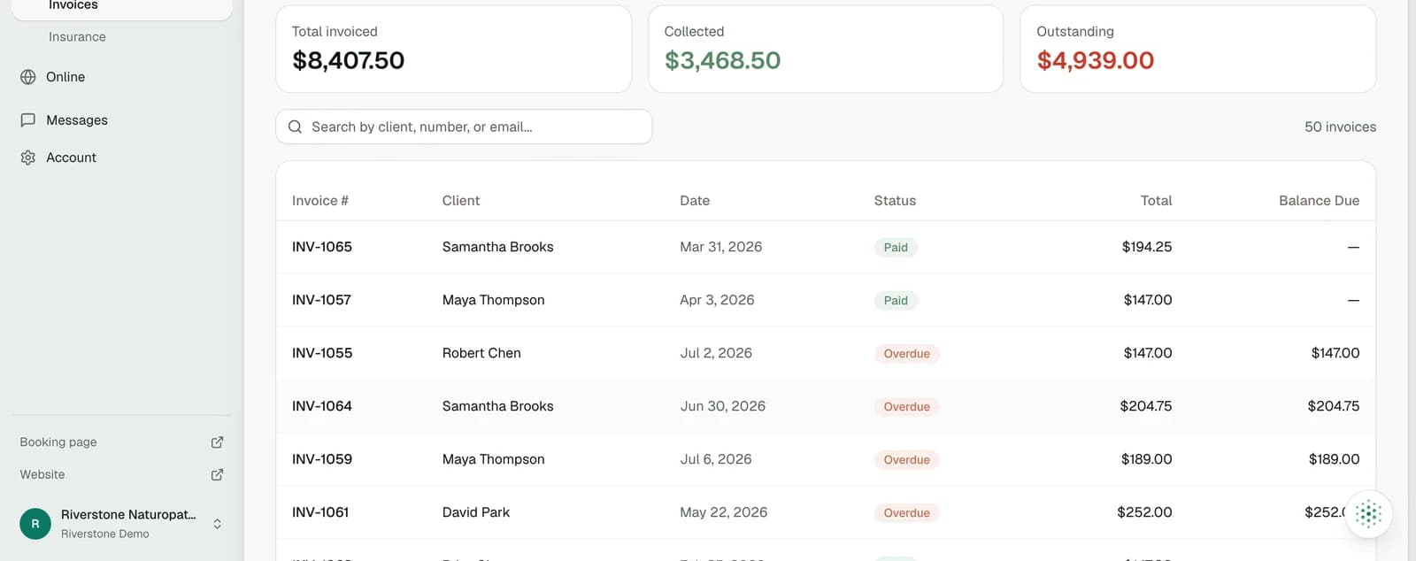 Stillpoint invoicing and payments screen