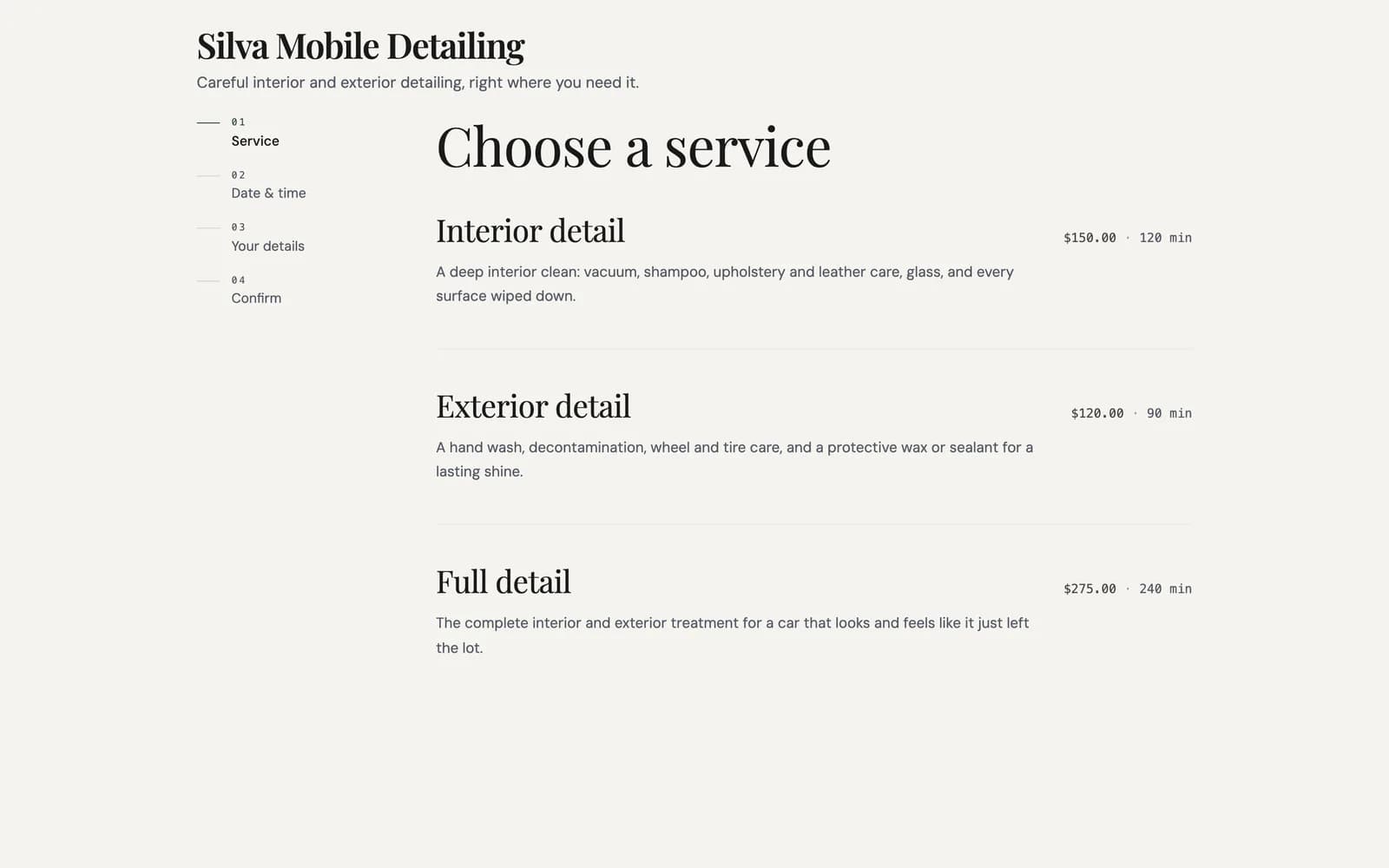 Silva Mobile Detailing booking page with services, durations, and prices