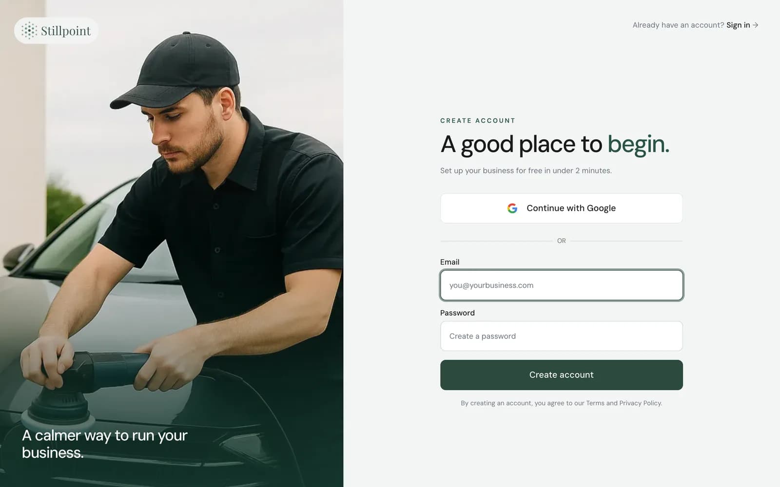Stillpoint account signup for a car detailing business