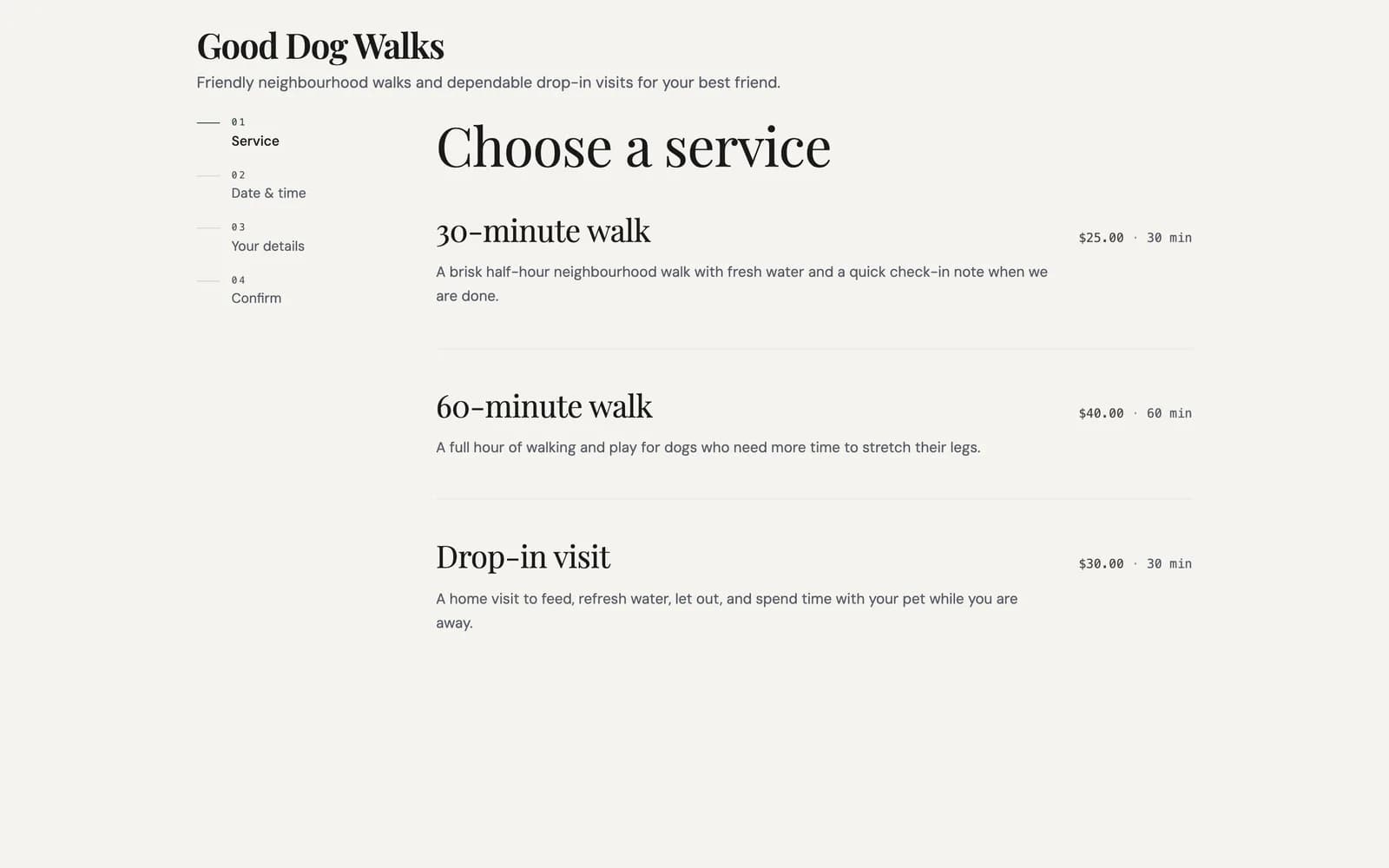 Good Dog Walks booking page with services, durations, and prices