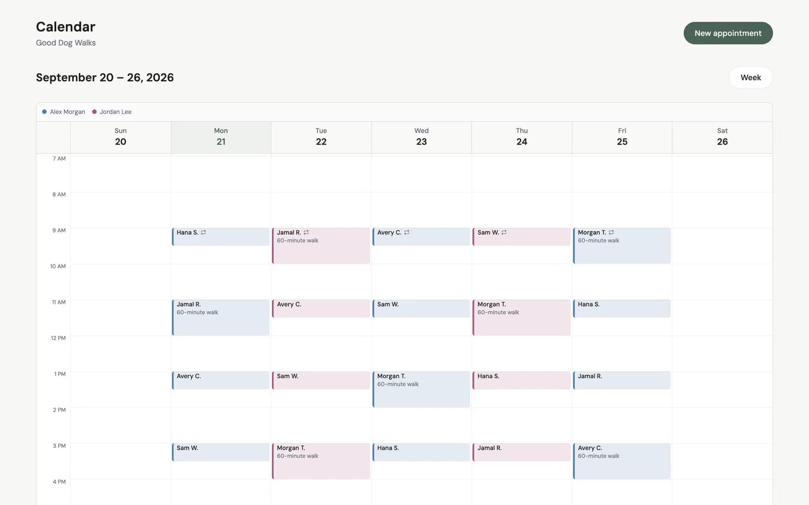 Good Dog Walks weekly calendar with appointments for its services