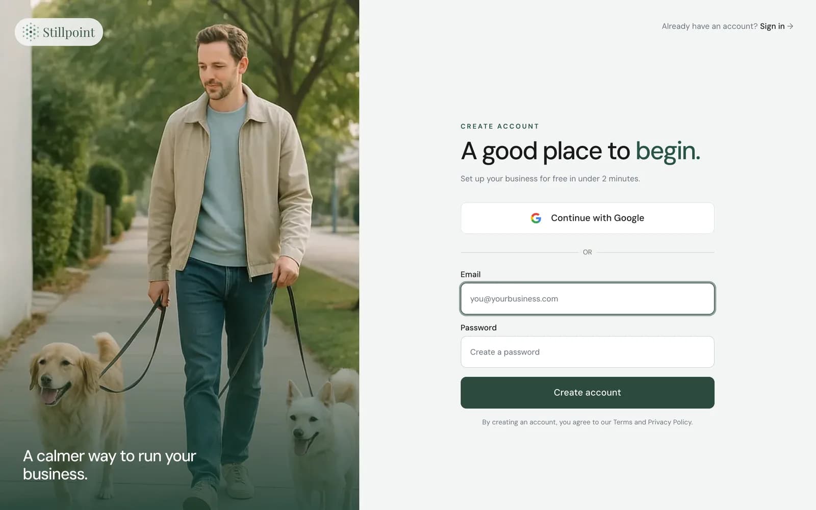 Stillpoint account signup for a dog walking business