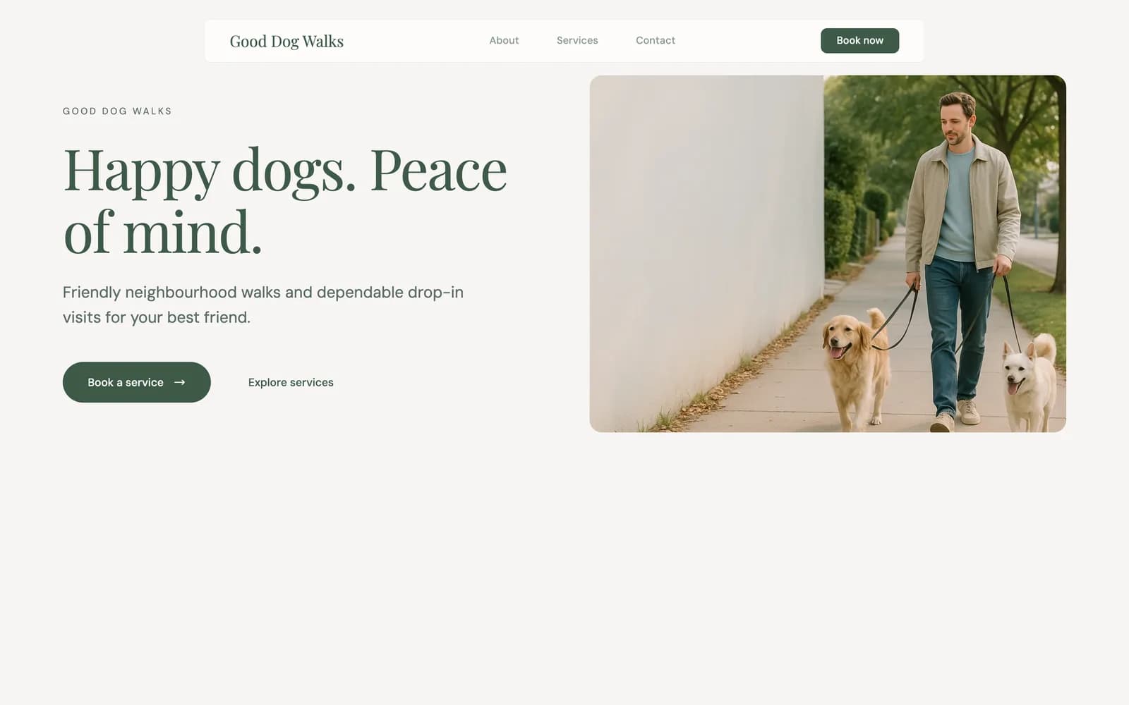 Good Dog Walks sample website with relevant imagery and online booking