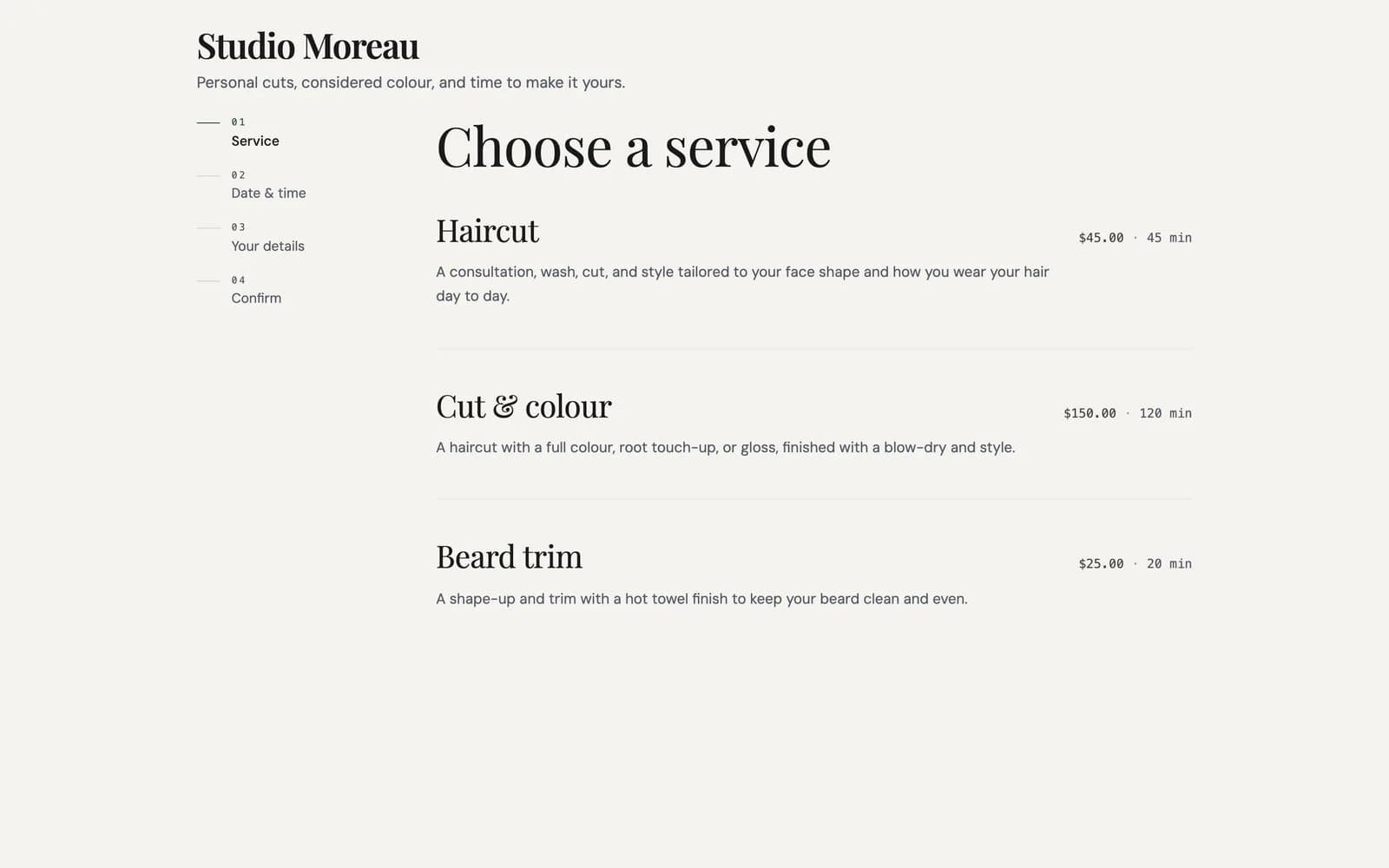 Studio Moreau booking page with services, durations, and prices