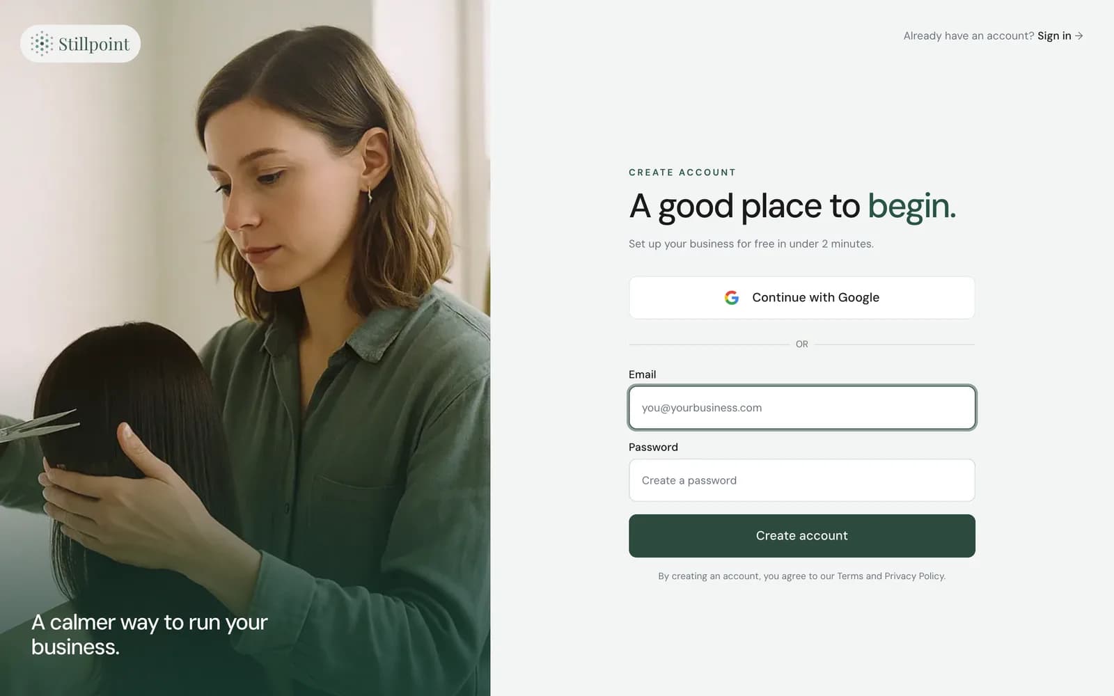 Stillpoint account signup for a hair business